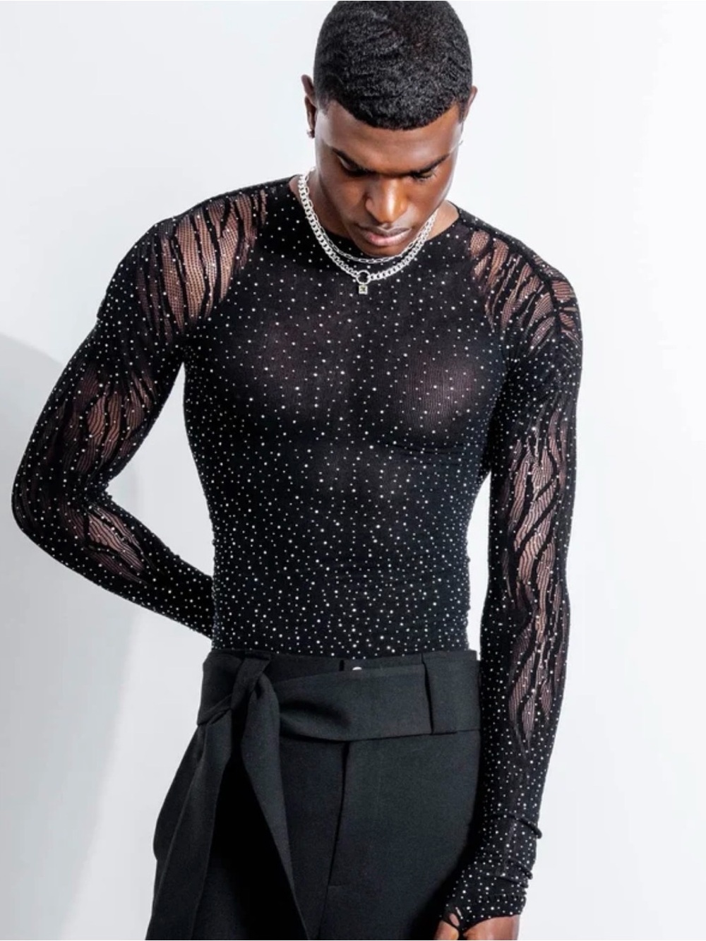 ORTTU Navy Sparkle Long-Sleeve Knit Top with Lace Shoulders